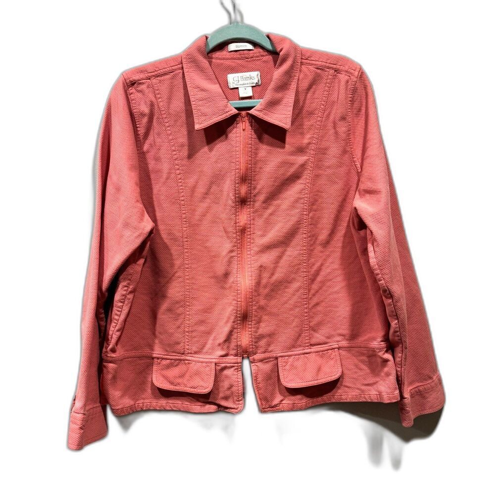 CJ Banks Zip Up Jacket Stretch Cotton Collar Flap Pockets Women sz X 14W Coral